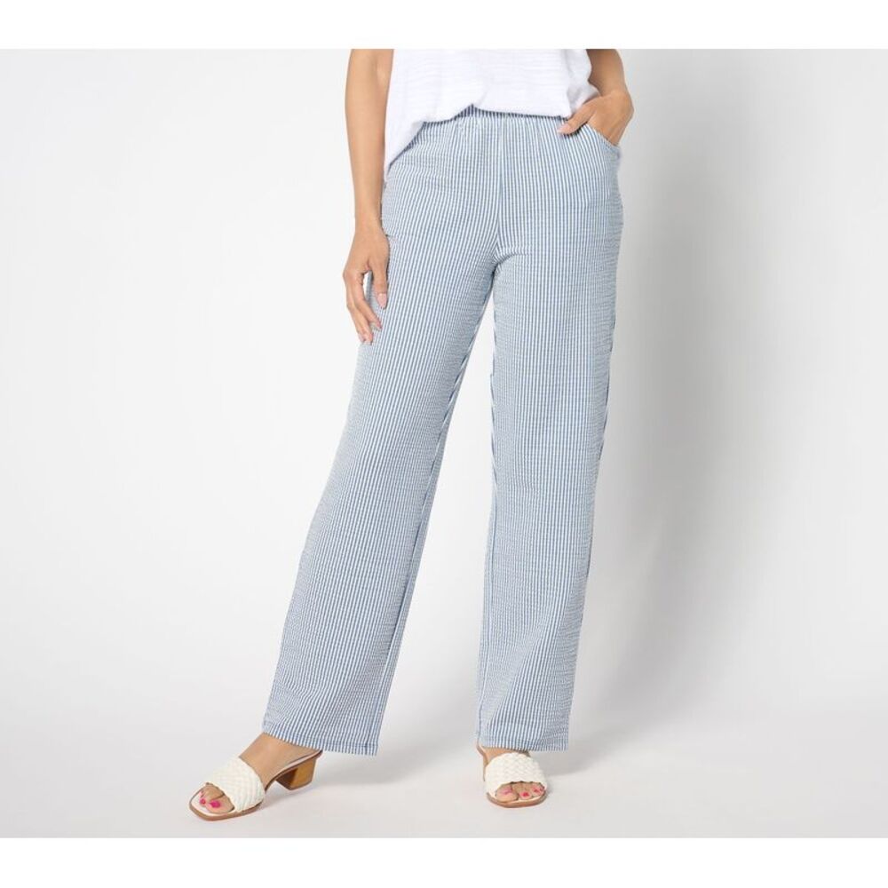 Ryan Simkhai Eyeshop Women's Pants Sz XL Seersucker Wide Leg Pant Blue A647678
